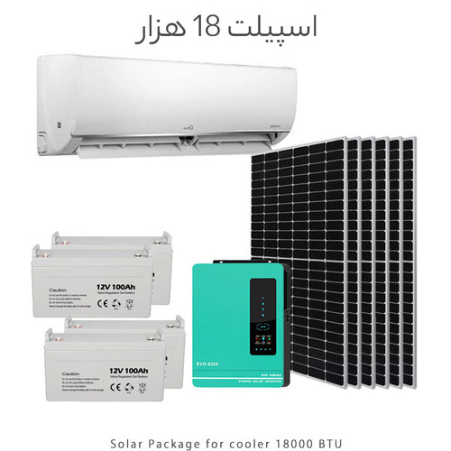 پکیج خورشیدی مخصوص اسپیلت ۱۸۰۰۰ بیتییو، شامل پنل خورشیدی، اینورتر و باتری ۱۲ ولت