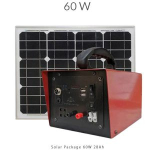 پکیج خورشیدی ۶۰ وات با باتری ۲۸Ah و پنل مونوکریستال قابل حمل، مناسب برق اضطراری و سفر